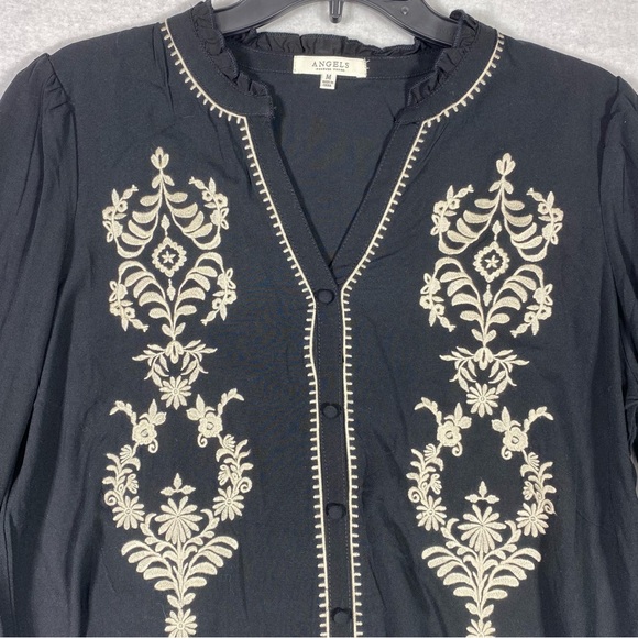 Angels Forever Young Boho Floral Blouse Women M Black Embroidered 3/4 Sleeve NWT - Picture 3 of 15